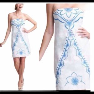 Lilly Pulitzer Womens Bowen Classic White Blue Embroidered Strapless Dress 14.